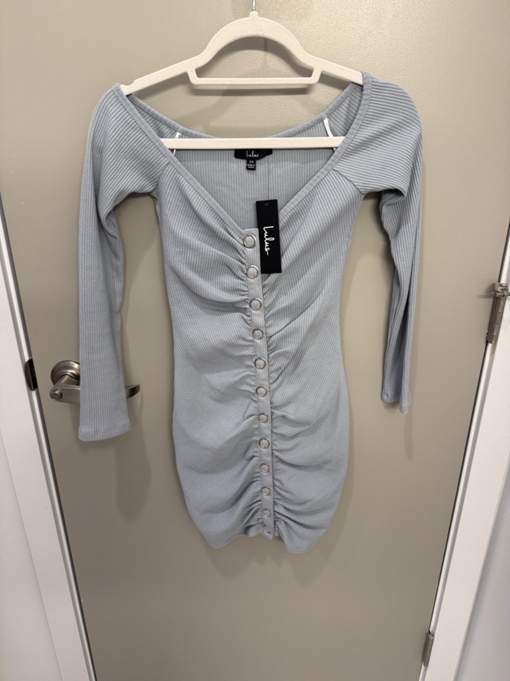 Lulu's Powder Blue Ribbed Button-Front Ruched Mini Dress